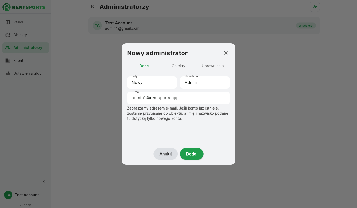 Dodawanie administratora z wyborem uprawnień