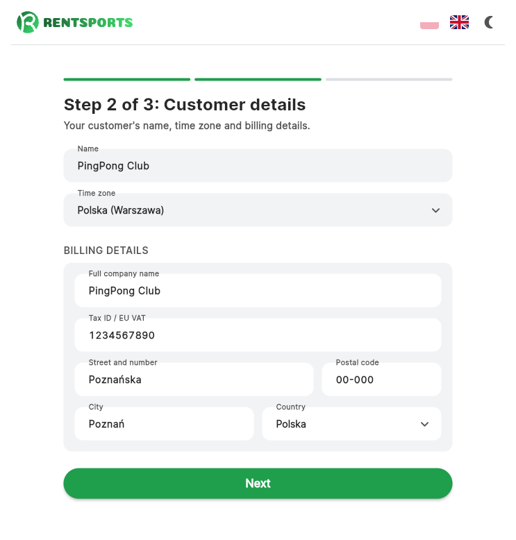Sign-up step 2, customer and billing details