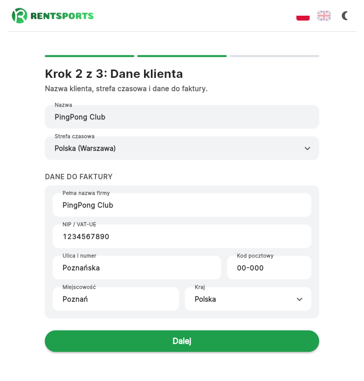 Krok 2 rejestracji, dane klienta i dane do faktury