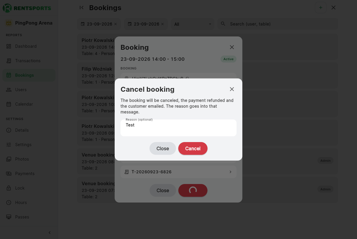 The Cancel booking button in a booking's detail