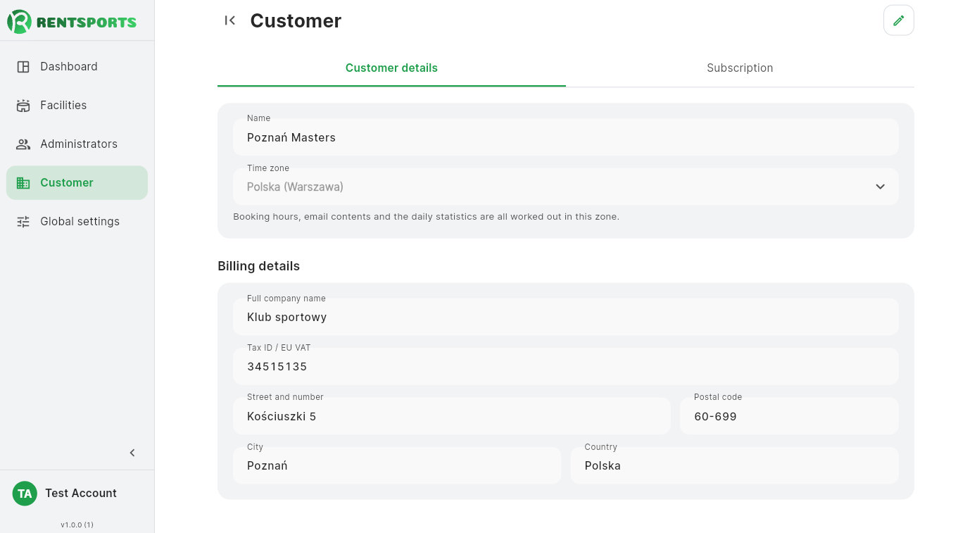 Editing customer and billing details