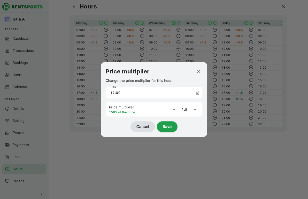 Hour grid with a price multiplier