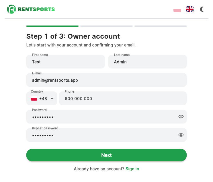 Sign-up step 1, the owner account