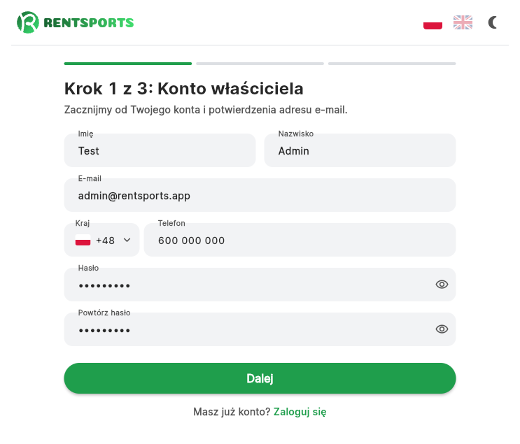 Krok 1 rejestracji, konto właściciela