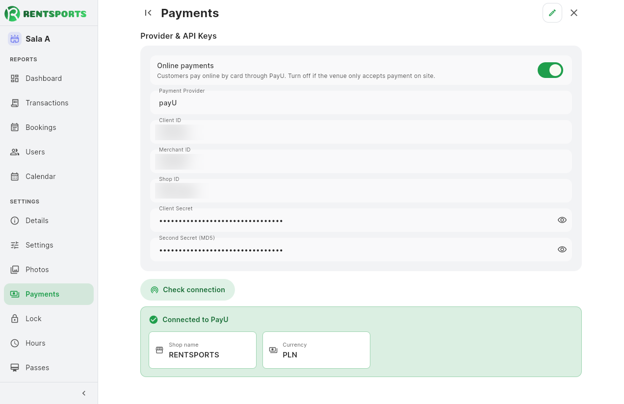 PayU configuration in the venue panel