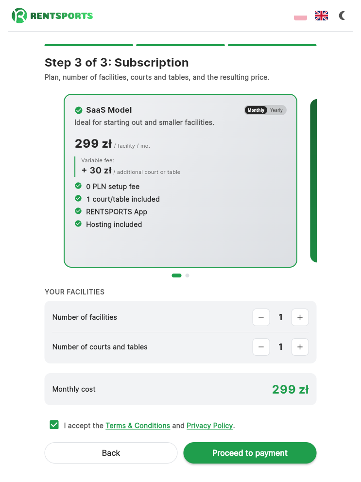 Sign-up step 3, plan and subscription