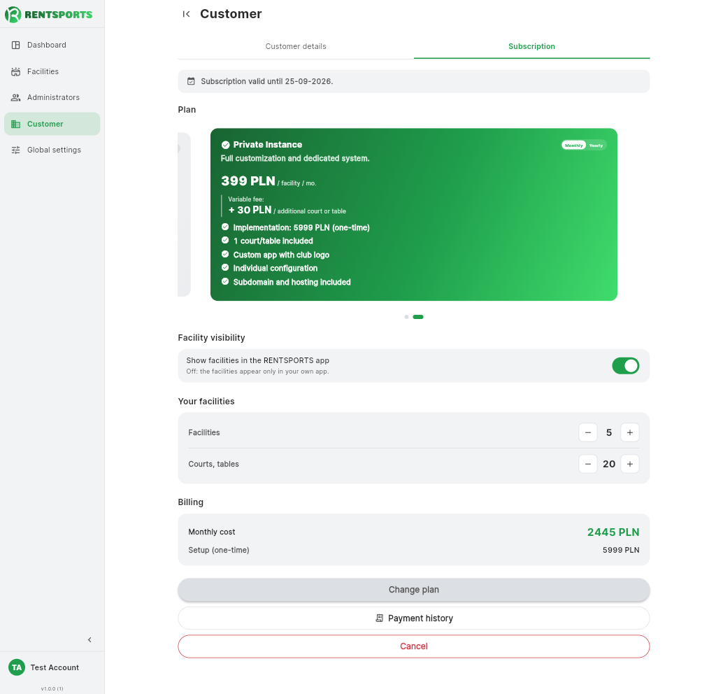 Subscription section with plan and amounts