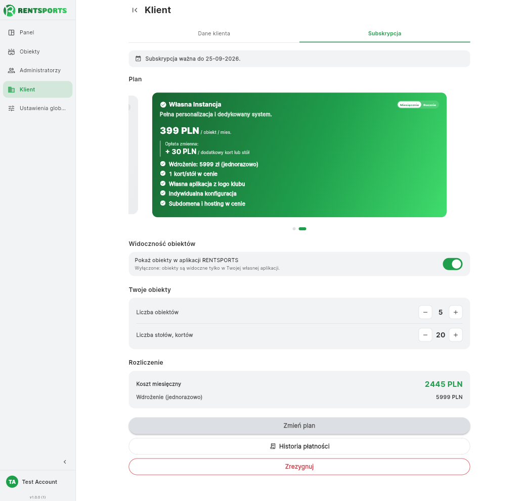 Sekcja subskrypcji z planem i kwotami