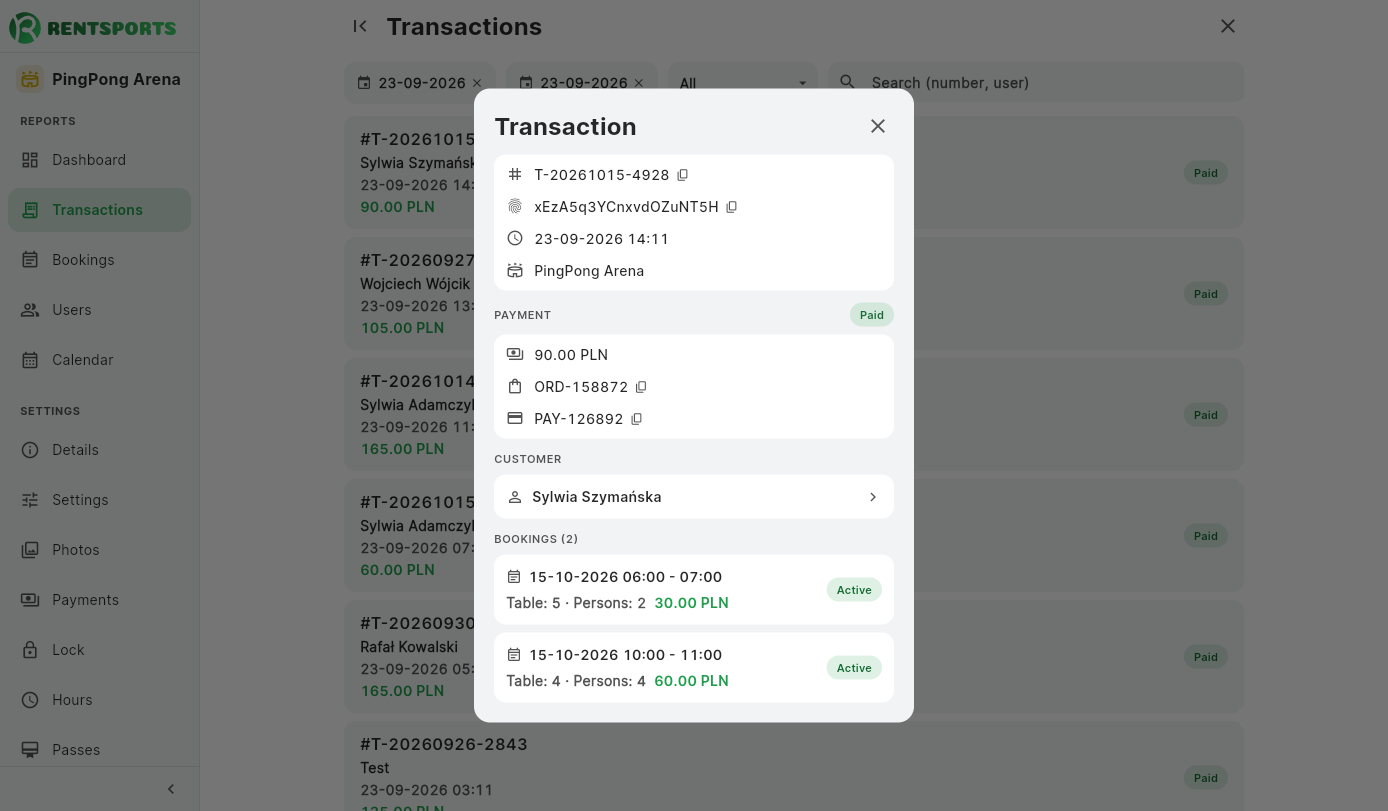 Venue transaction list