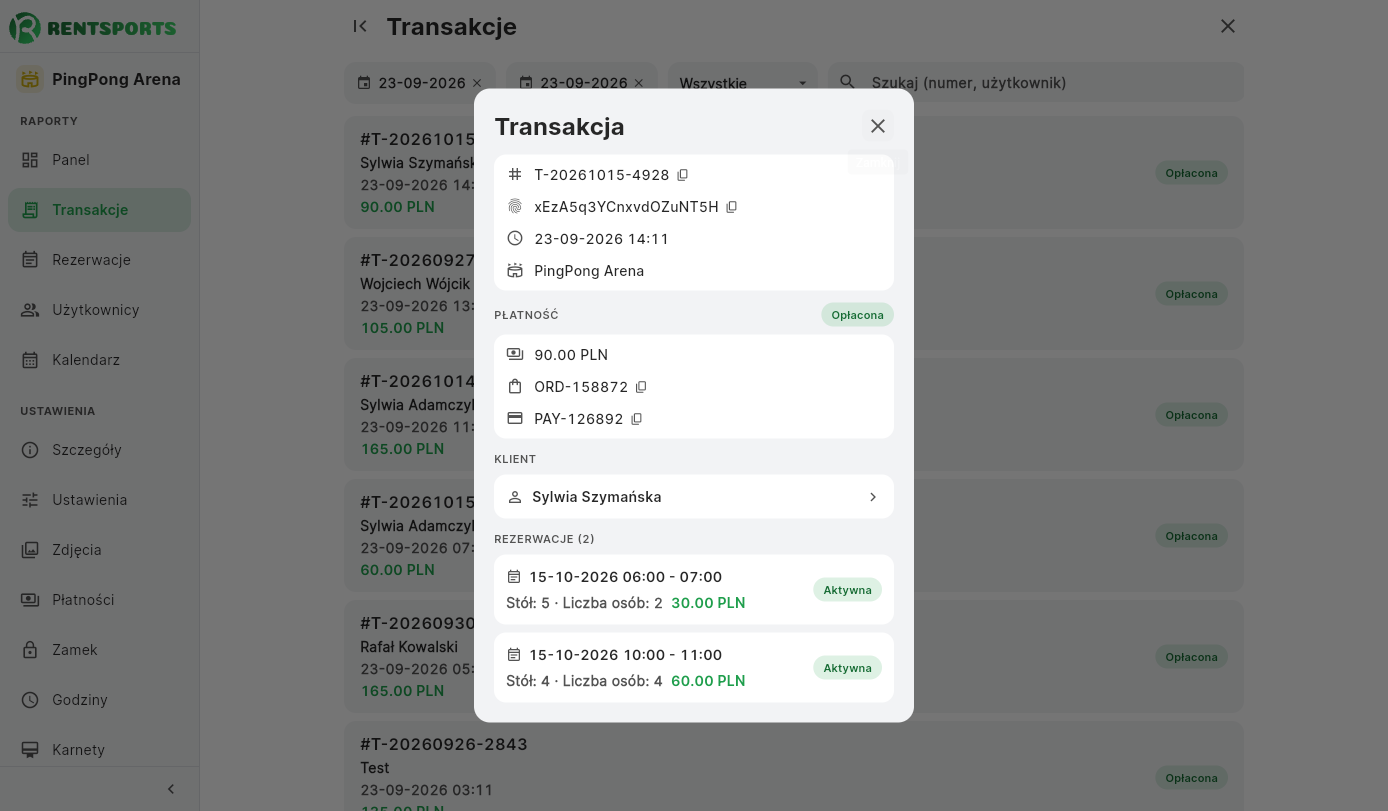 Lista transakcji obiektu