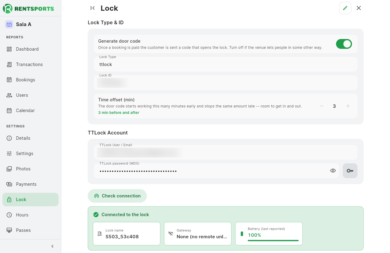 Lock configuration in the venue panel