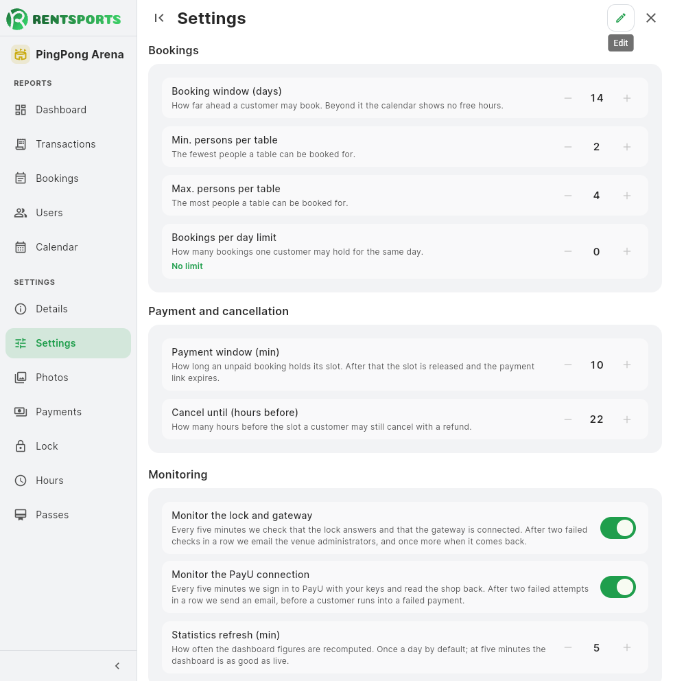Venue system settings