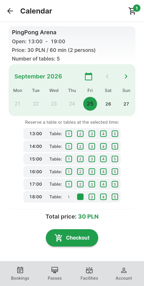 Calendar with the grid of available hours