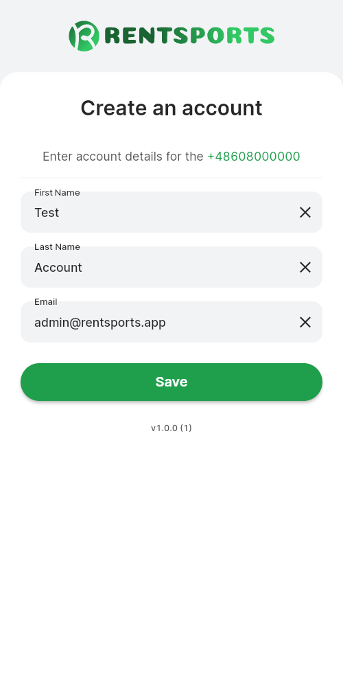 Screen for entering the account details