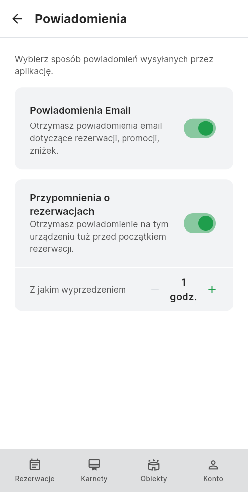 Ekran powiadomień z wyborem wyprzedzenia