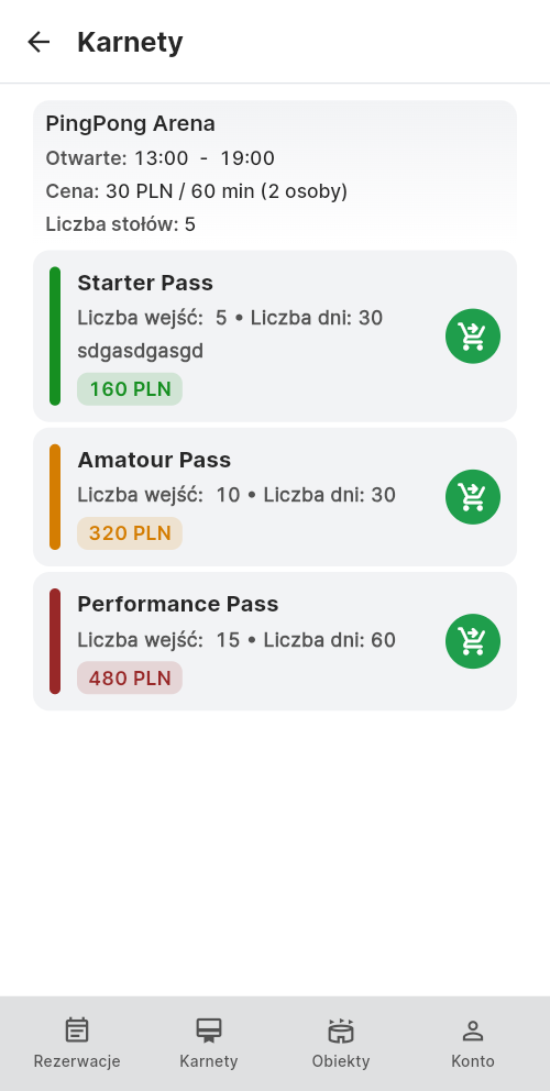 Lista karnetów do kupienia w obiekcie