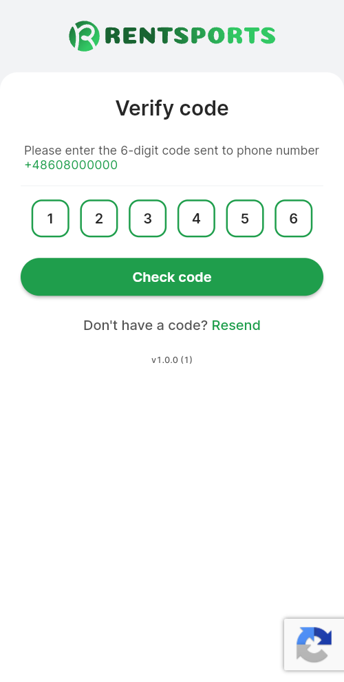 Screen for entering the code from the text message