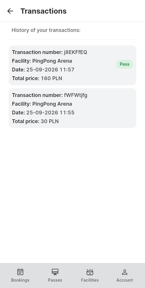 The customer list of transactions