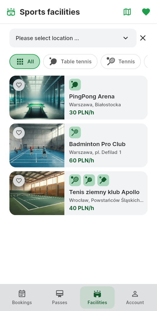 List of sports facilities with the sport filters