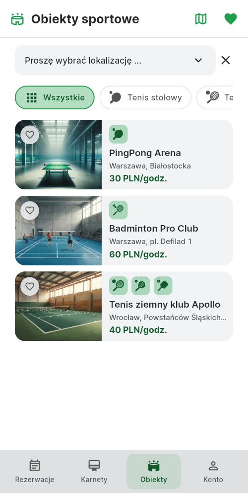 Lista obiektów sportowych z filtrami dyscyplin